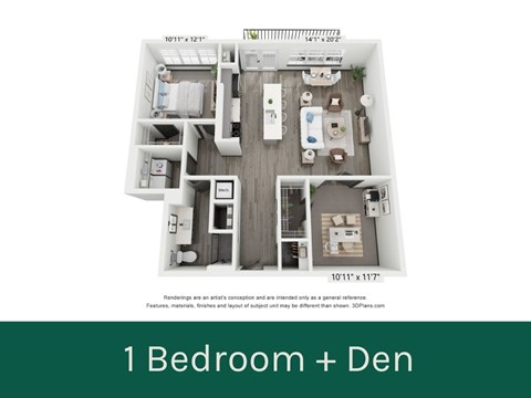 Floor plan for 1 bed, 1 bath, 1117 sqft